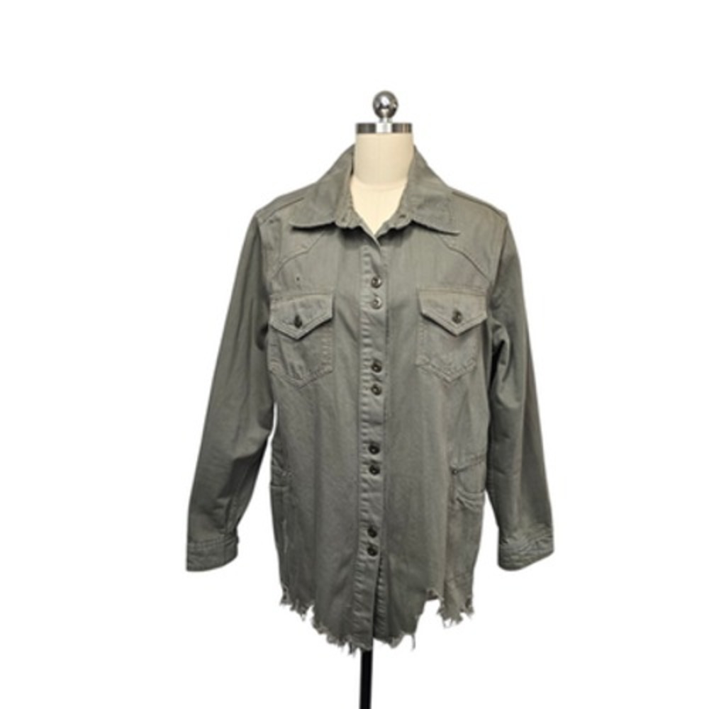 Free People Jacket Womens Medium Olive Utility Military Shacket Raw Hem Frayed